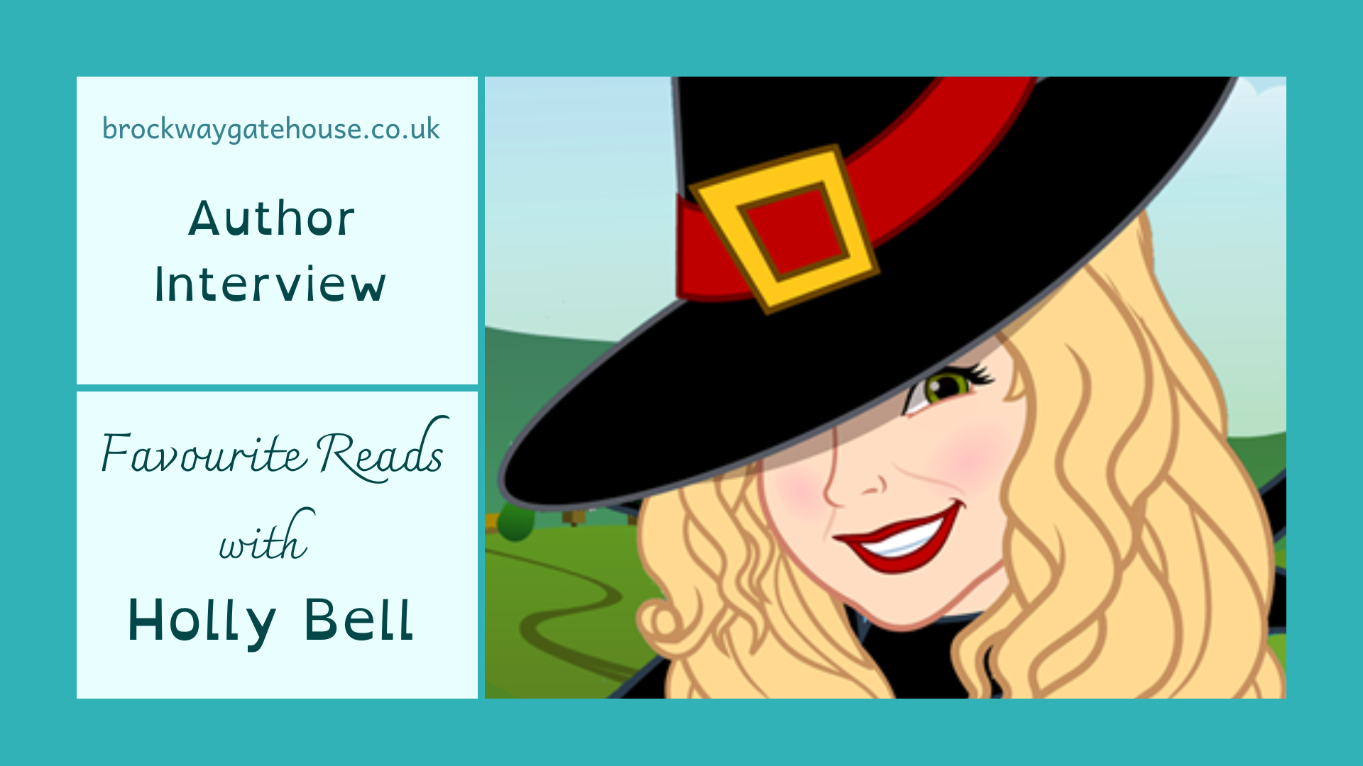 Turquoise background with author logo on right. Text reads Author interview. Favourite reads with Holly Bell.